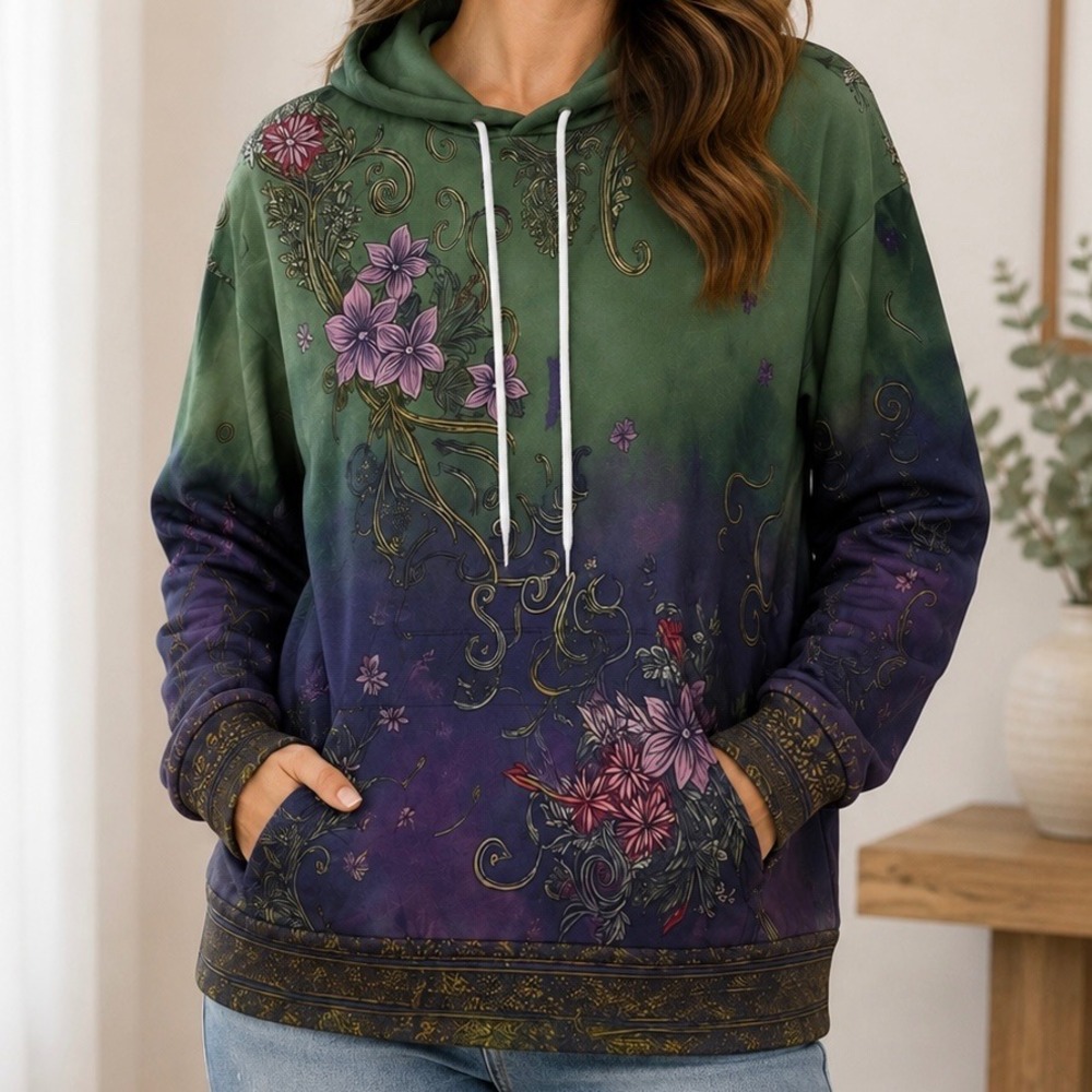 Green Purple Floral Scroll Print Pullover Hoodie Medium Artsy Boho Fairycore